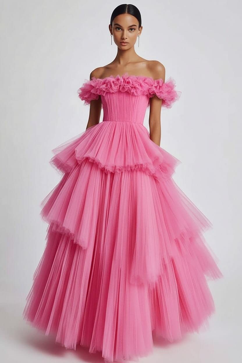 Dusty Sage Wedding Guest Dress Tulle Off The Shoulder Ball Gown Evening Dress With Ruffles