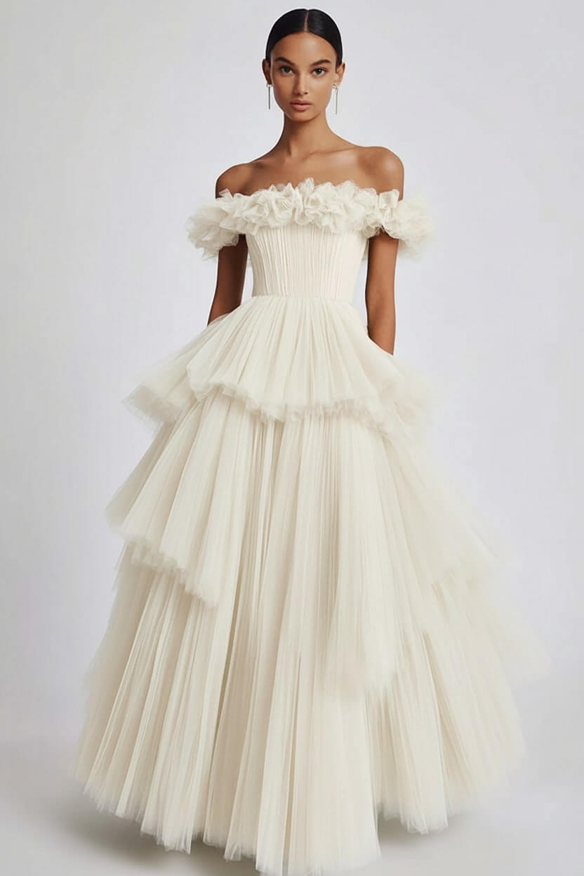 Dusty Sage Wedding Guest Dress Tulle Off The Shoulder Ball Gown Evening Dress With Ruffles