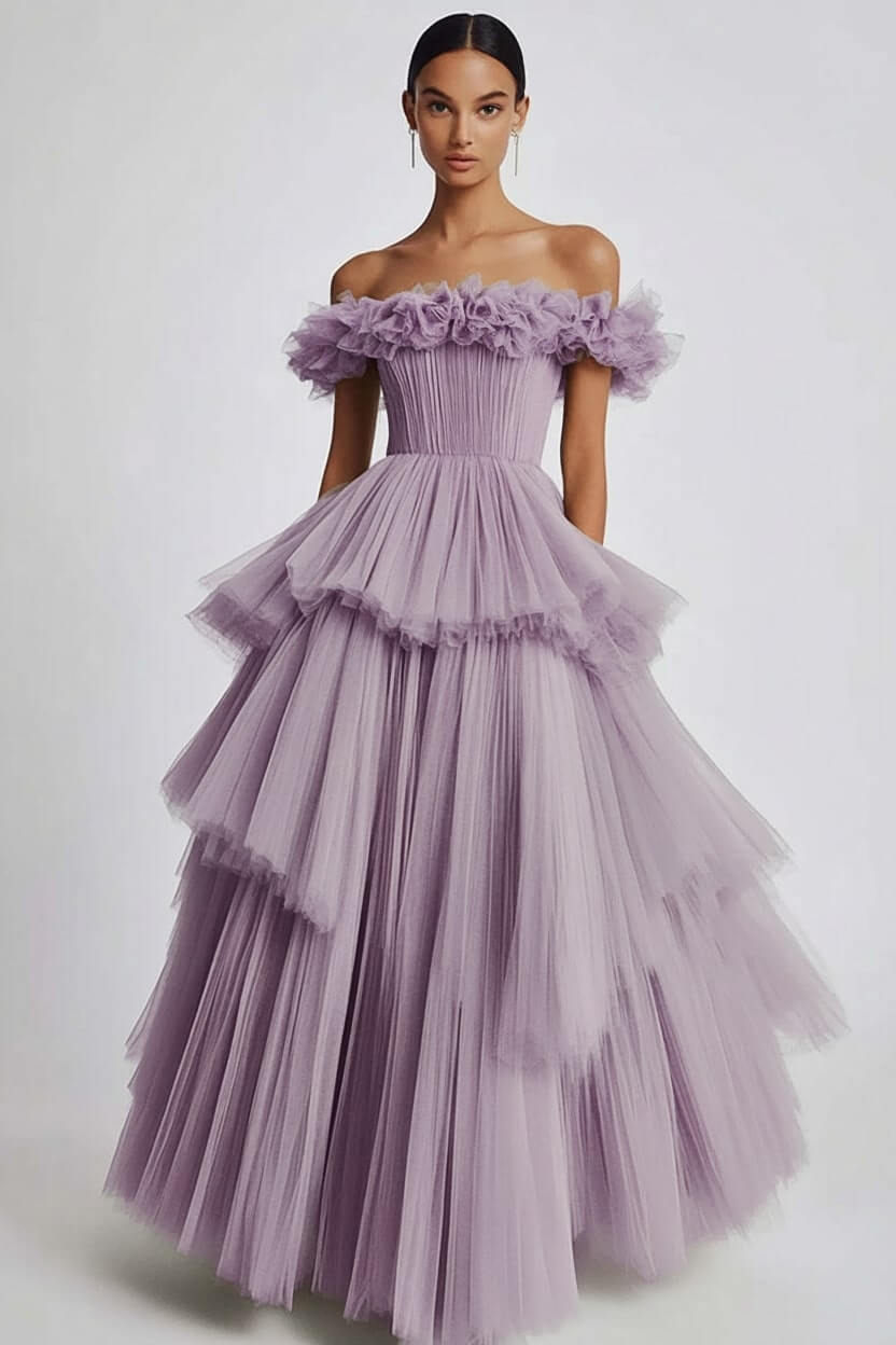 Dusty Sage Wedding Guest Dress Tulle Off The Shoulder Ball Gown Evening Dress With Ruffles