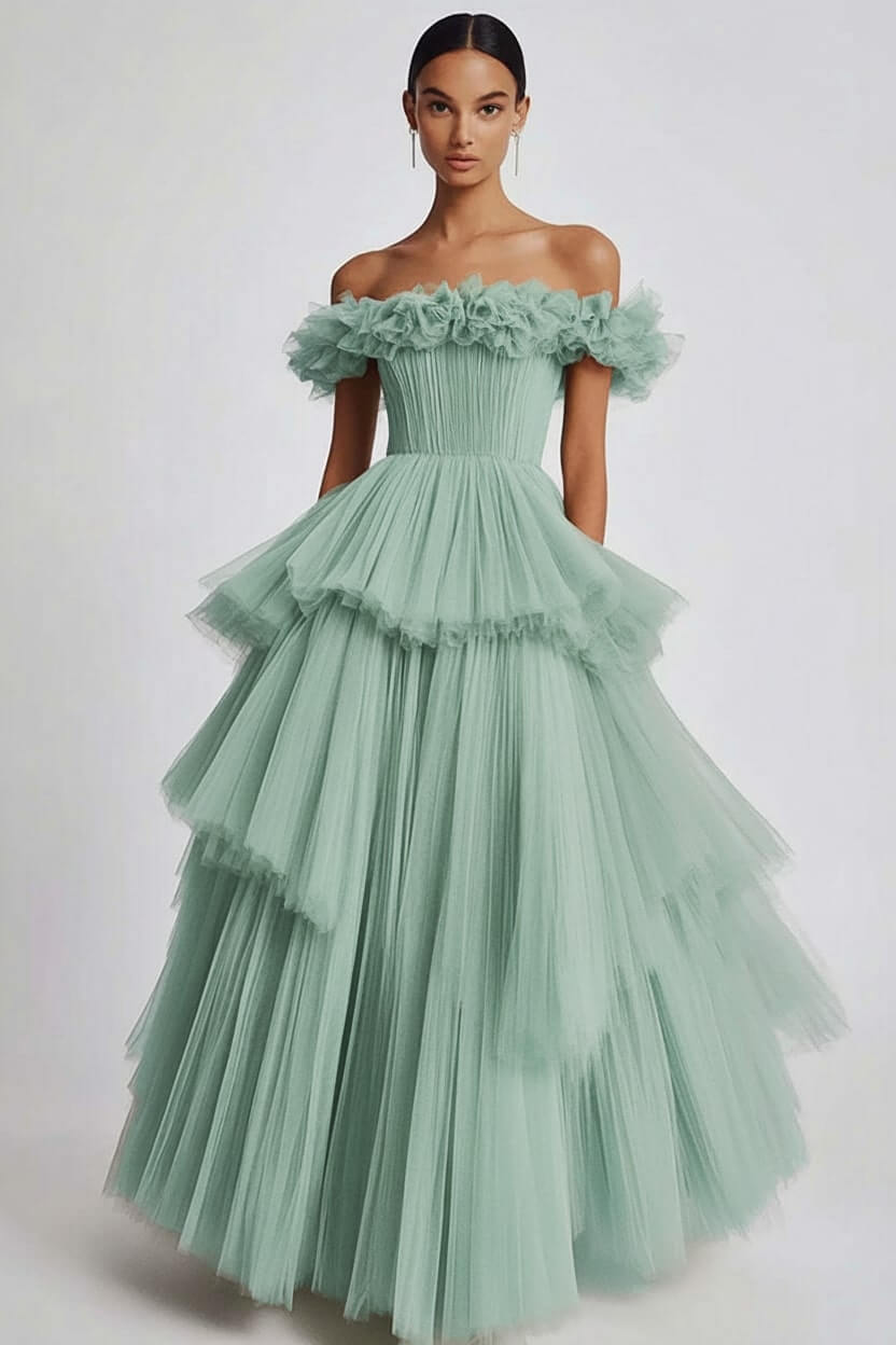Dusty Sage Wedding Guest Dress Tulle Off The Shoulder Ball Gown Evening Dress With Ruffles