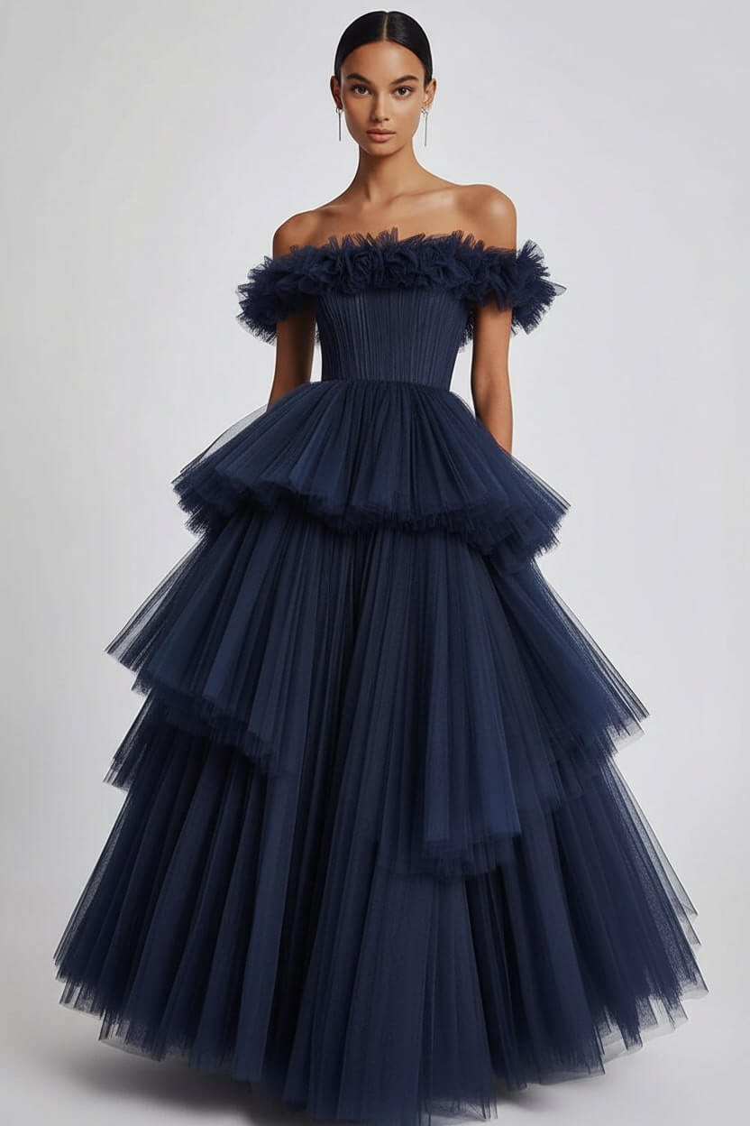 Dusty Sage Wedding Guest Dress Tulle Off The Shoulder Ball Gown Evening Dress With Ruffles