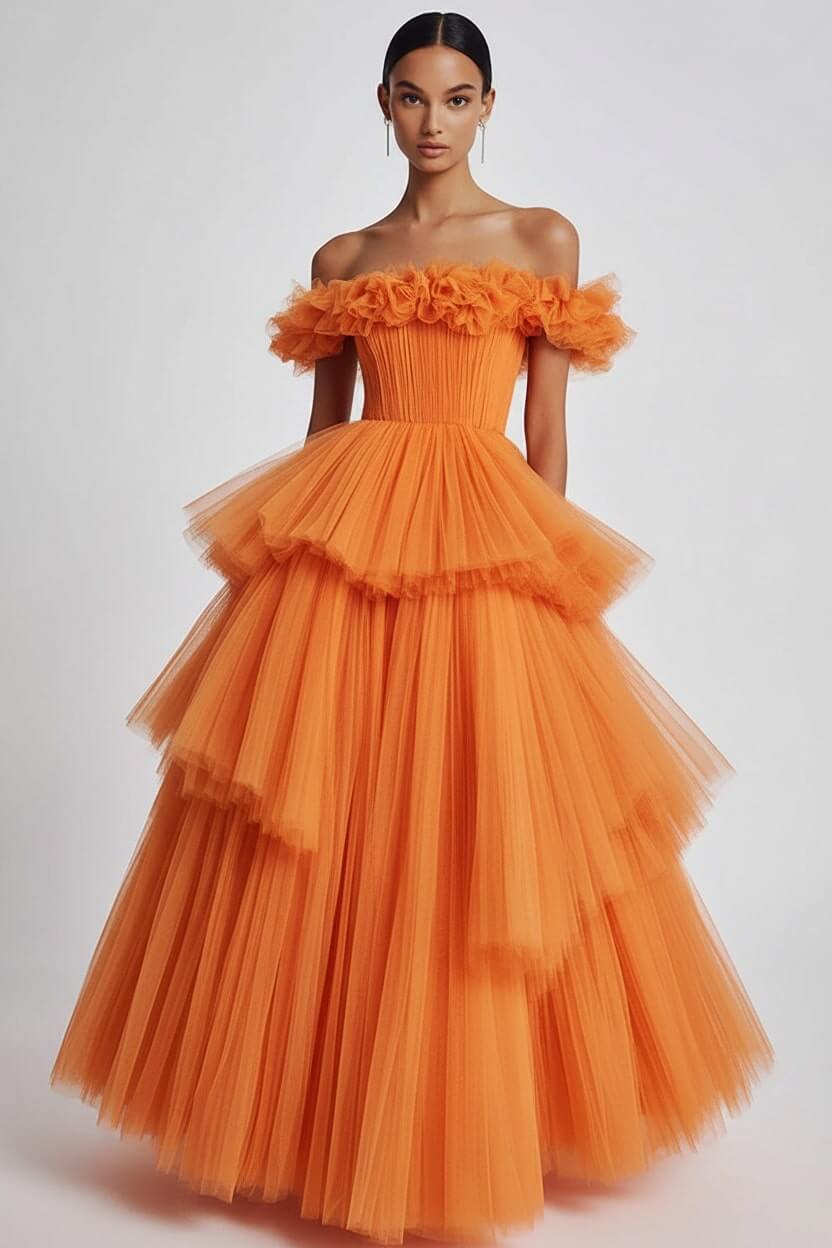 Dusty Sage Wedding Guest Dress Tulle Off The Shoulder Ball Gown Evening Dress With Ruffles