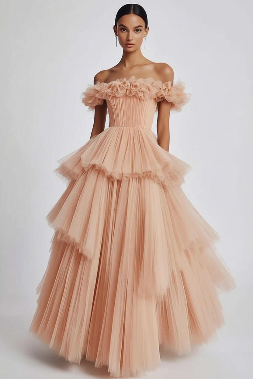 Dusty Sage Wedding Guest Dress Tulle Off The Shoulder Ball Gown Evening Dress With Ruffles