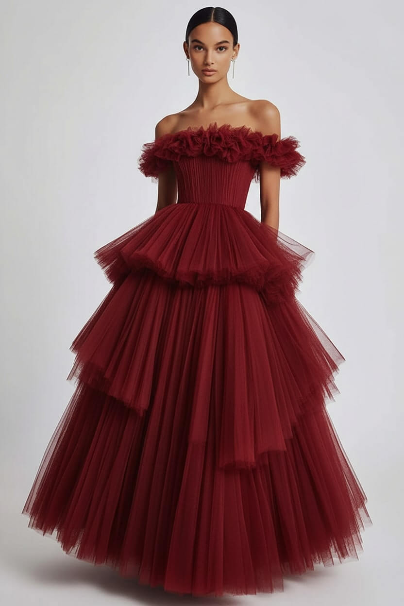 Dusty Sage Wedding Guest Dress Tulle Off The Shoulder Ball Gown Evening Dress With Ruffles