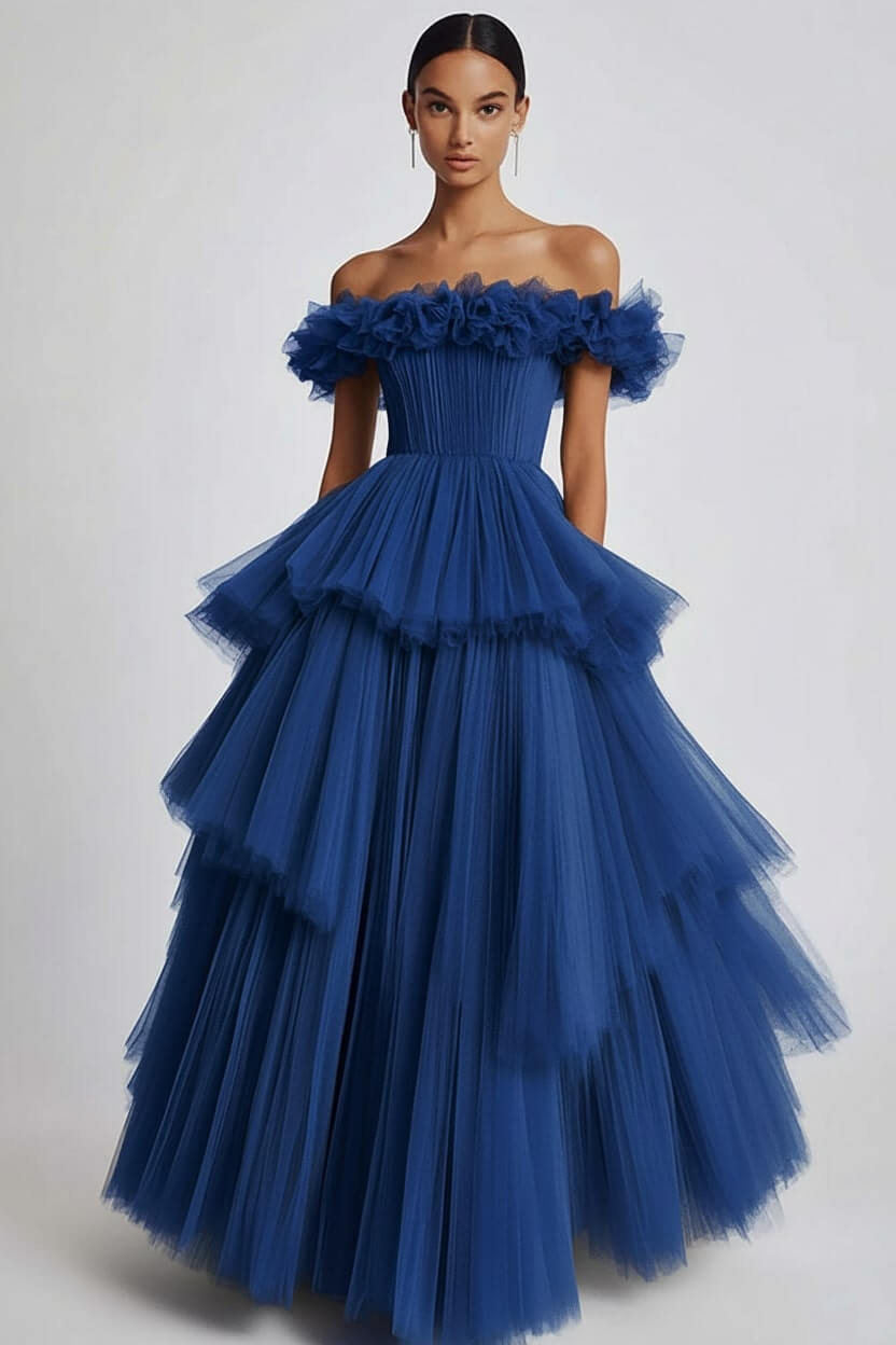 Dusty Sage Wedding Guest Dress Tulle Off The Shoulder Ball Gown Evening Dress With Ruffles