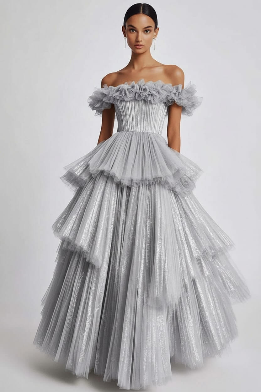 Dusty Sage Wedding Guest Dress Tulle Off The Shoulder Ball Gown Evening Dress With Ruffles