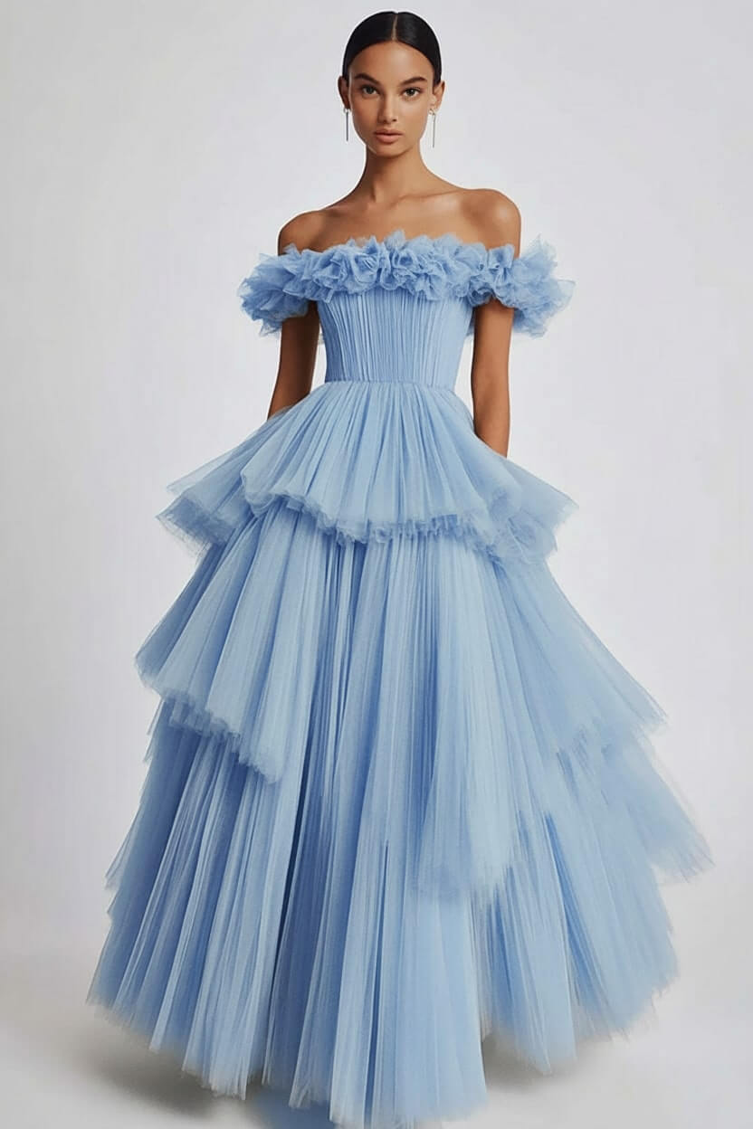 Dusty Sage Wedding Guest Dress Tulle Off The Shoulder Ball Gown Evening Dress With Ruffles