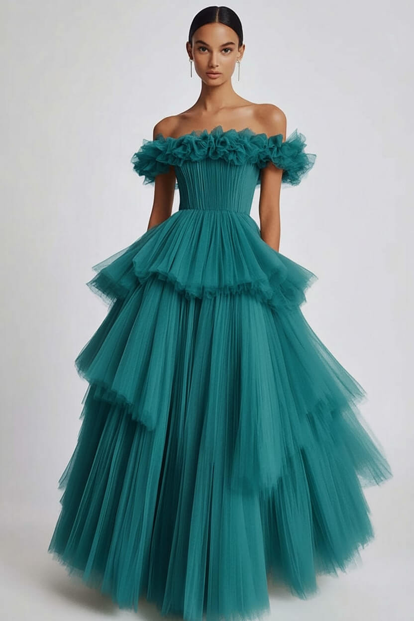 Dusty Sage Wedding Guest Dress Tulle Off The Shoulder Ball Gown Evening Dress With Ruffles