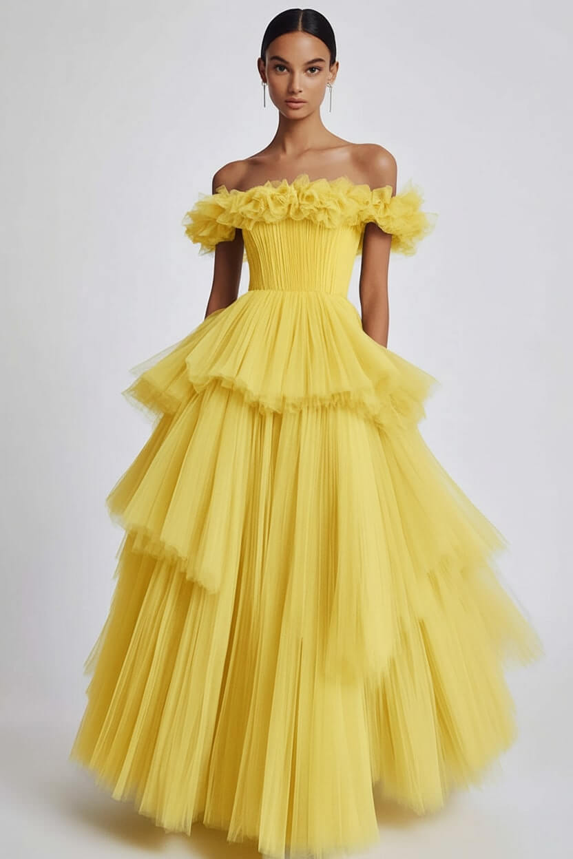 Dusty Sage Wedding Guest Dress Tulle Off The Shoulder Ball Gown Evening Dress With Ruffles