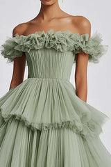 Dusty Sage Wedding Guest Dress Tulle Off The Shoulder Ball Gown Evening Dress With Ruffles