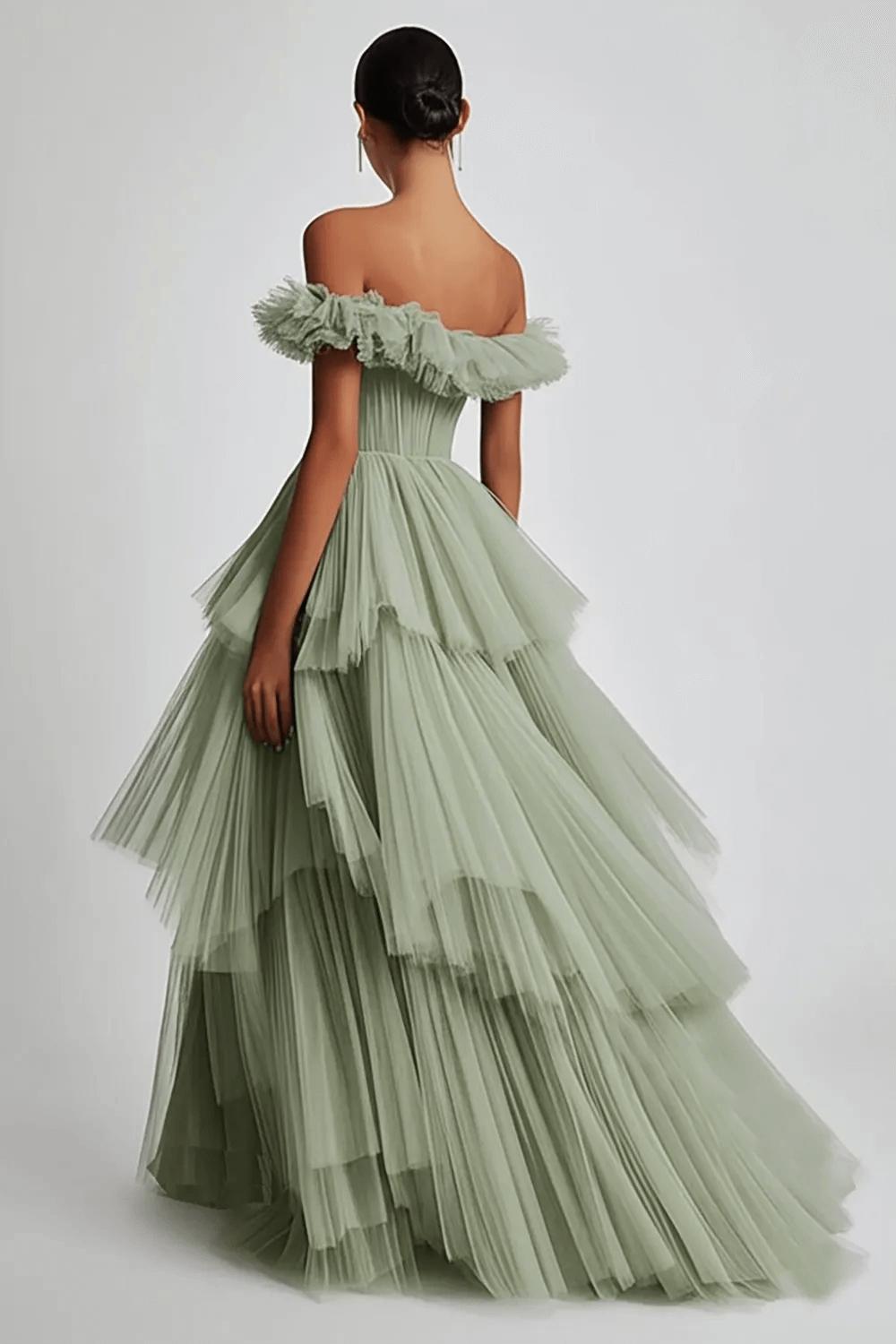 Dusty Sage Wedding Guest Dress Tulle Off The Shoulder Ball Gown Evening Dress With Ruffles