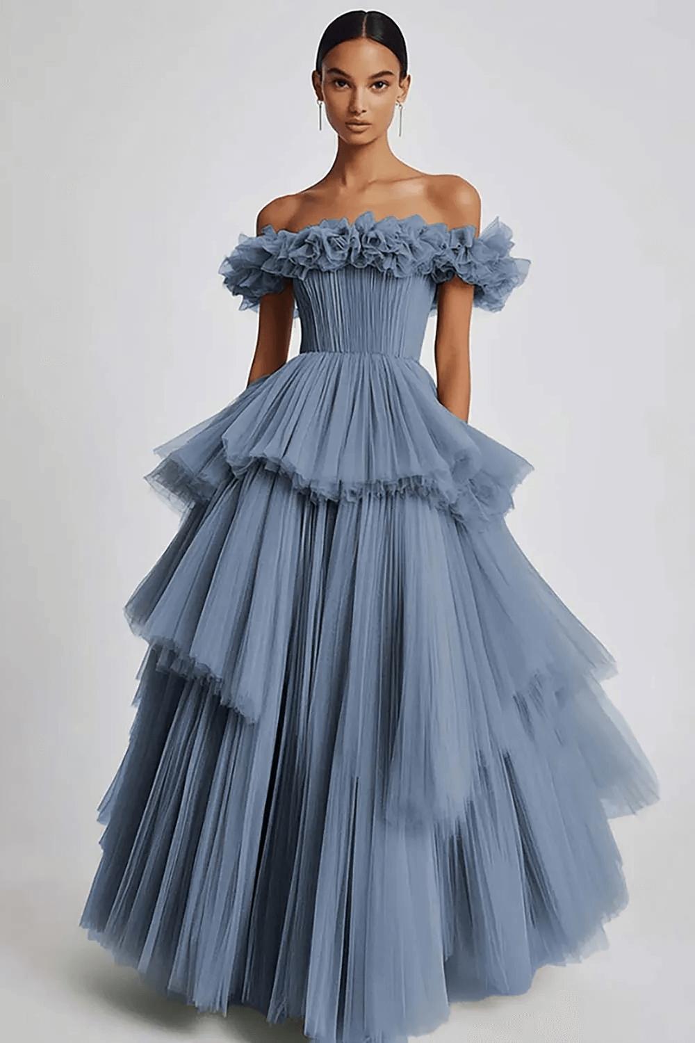 Dusty Sage Wedding Guest Dress Tulle Off The Shoulder Ball Gown Evening Dress With Ruffles