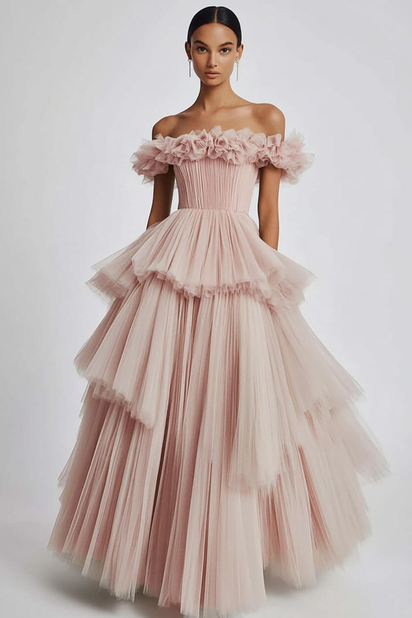 Dusty Sage Wedding Guest Dress Tulle Off The Shoulder Ball Gown Evening Dress With Ruffles
