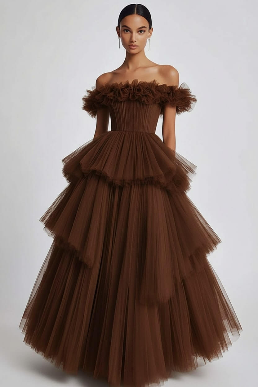 Dusty Sage Wedding Guest Dress Tulle Off The Shoulder Ball Gown Evening Dress With Ruffles