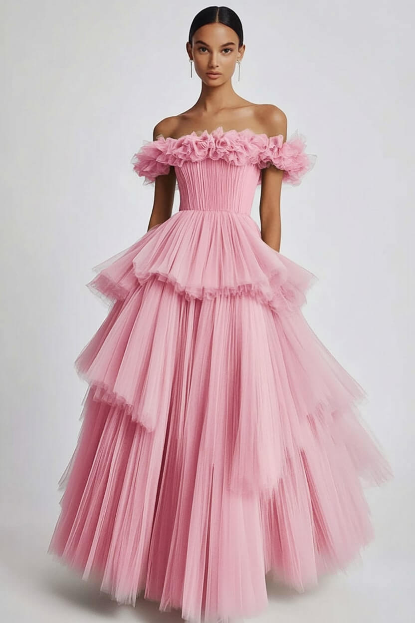 Dusty Sage Wedding Guest Dress Tulle Off The Shoulder Ball Gown Evening Dress With Ruffles