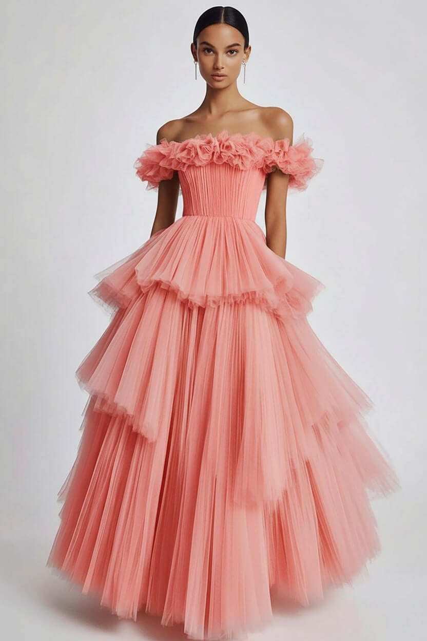 Dusty Sage Wedding Guest Dress Tulle Off The Shoulder Ball Gown Evening Dress With Ruffles