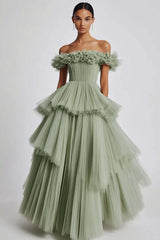 Dusty Sage Wedding Guest Dress Tulle Off The Shoulder Ball Gown Evening Dress With Ruffles