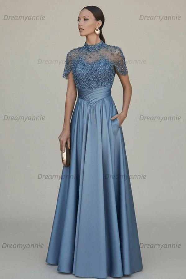 Green A Line Prom Dress Short Sleeve High Neck Beaded Evening Dress