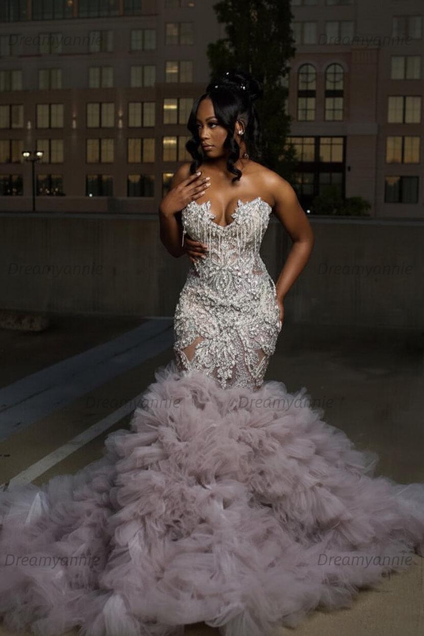 Mermaid Sweetheart Prom Dress Ruffled Sleeveless Formal Evening Gown with Rhinestones and Beadings