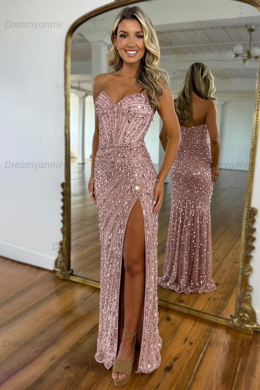 Sweetheart Mermaid Sequined Prom Dress With High Slit Skirt Evening Gown