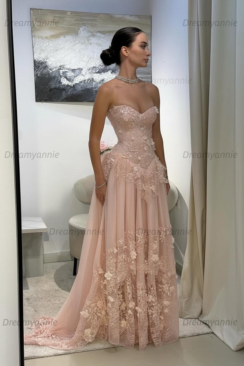 Yellow Lace A Line Prom Dress Sweetheart Lace Appliqued Formal Evening Dress with 3D Flowers