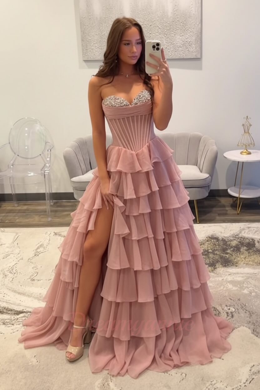 Dreamyannie Ruffled Black Prom Dress A Line Corset Long Formal Dress With Beadings