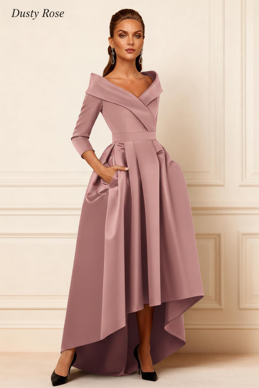 Dreamyannie Dark Navy V Neck Satin High Low Mother Of The Bride Dress With Pockets