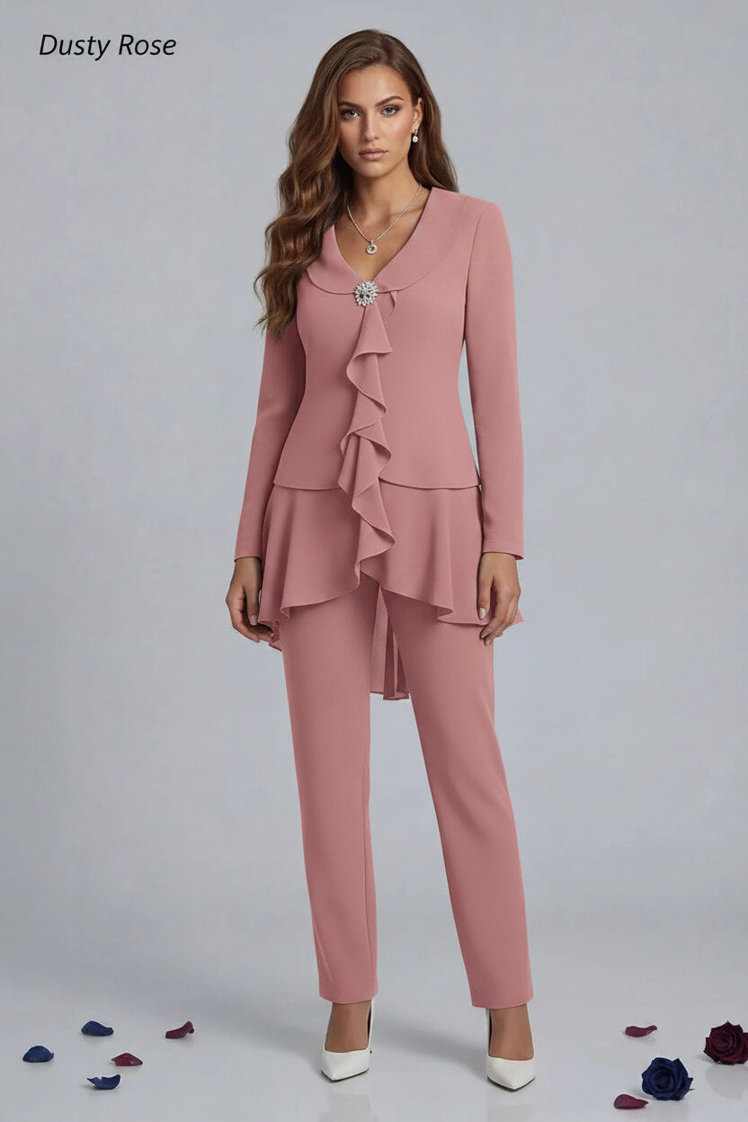 Dreamyannie Navy V Neck Ruffled Chiffon 2 Piece Mother Of The Bride Pant Suits With Sleeves