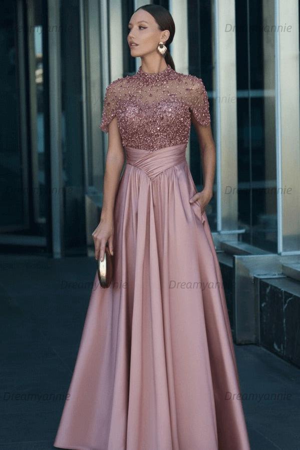 Green A Line Prom Dress Short Sleeve High Neck Beaded Evening Dress