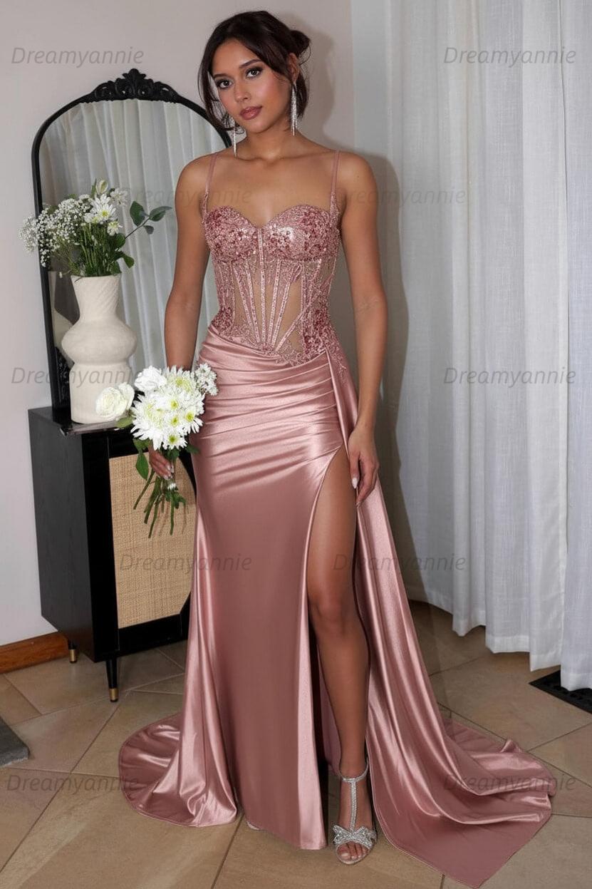 Corset Sequined Prom Dress Satin Appliqued Long Formal Dress With Slit