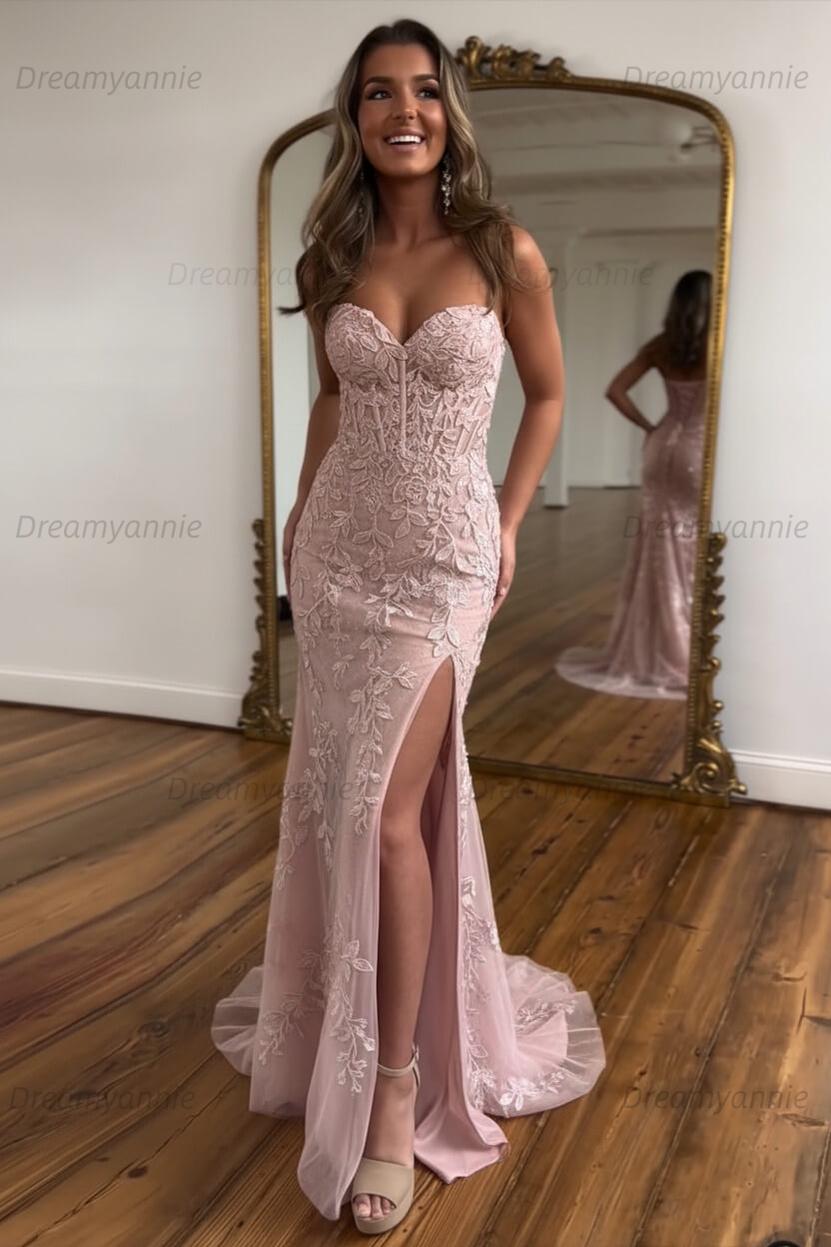 Light Blue Prom Dress Mermaid Sweetheart Corset Long Laced Evening Dress with Slit