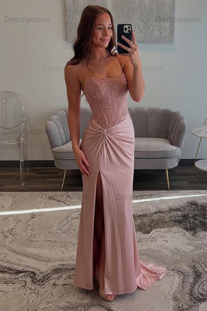 Dreamyannie Red Prom Dress Spaghetti Straps Ruhed Long Lace Formal Dress With Appliques