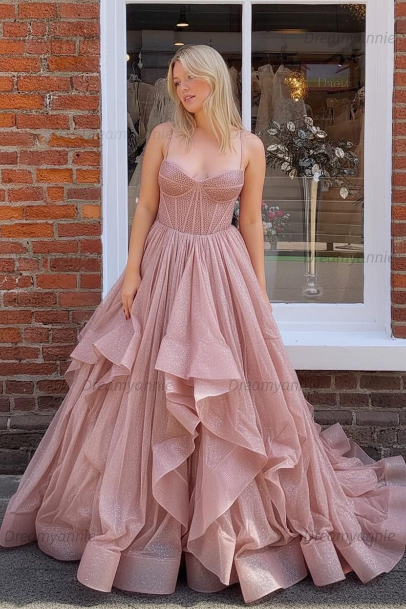 Dark Green A Line Long Corset Prom Dress With Ruffles