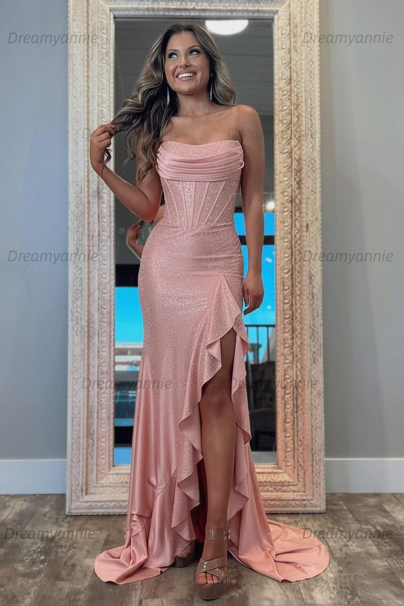 Hot Pink Beaded Prom Dress Strapless Corset Ruffled Evening Dress With Slit