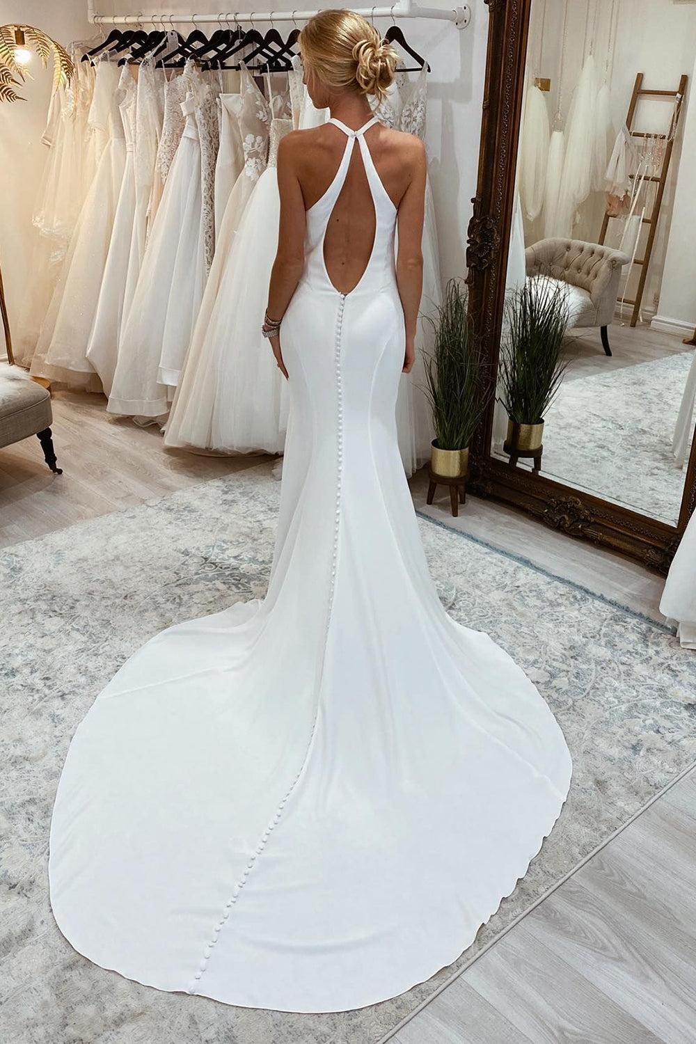 Effortless Simple White Halter Open Back Long Beach Wedding Dress
