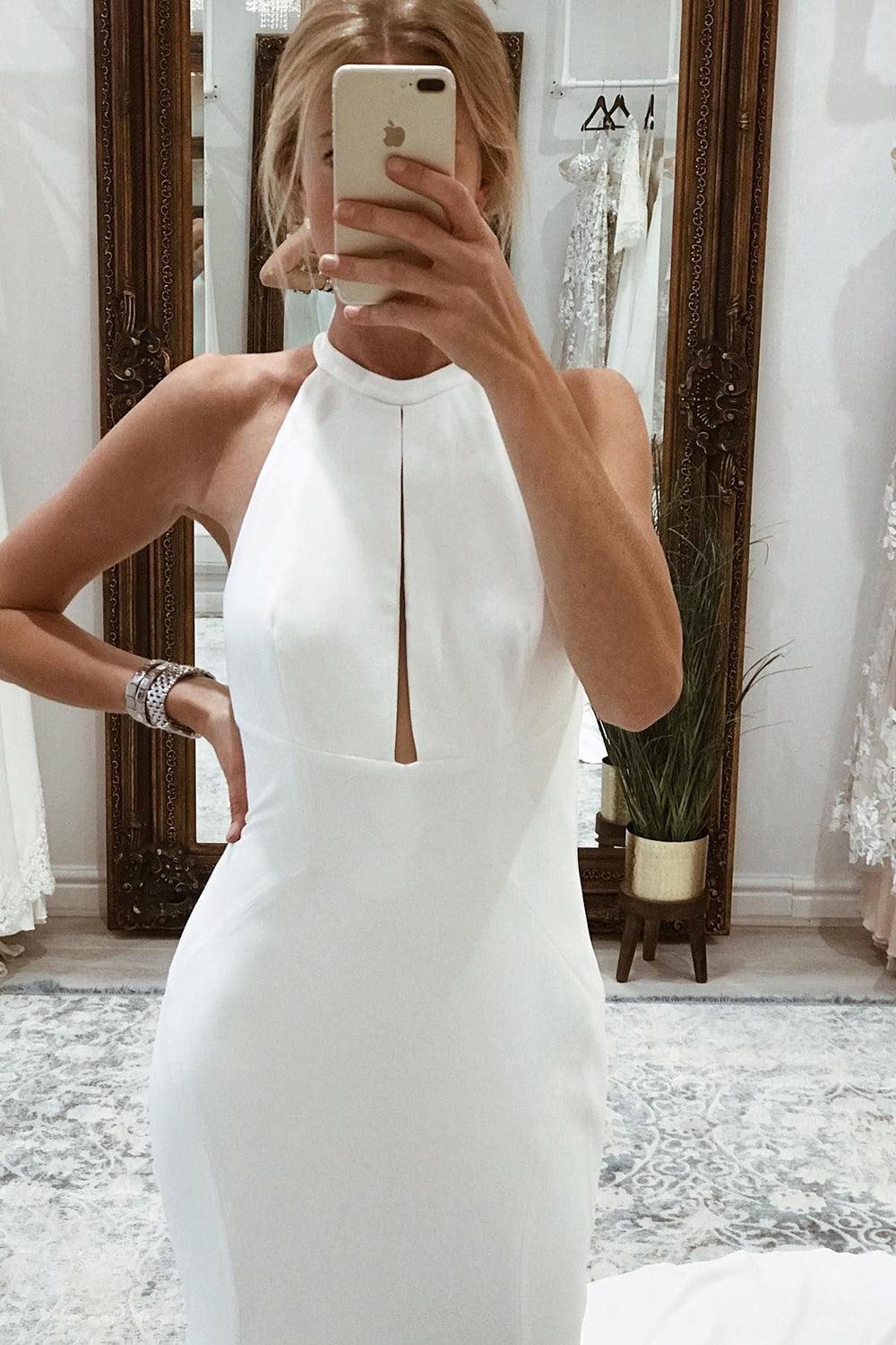 Effortless Simple White Halter Open Back Long Beach Wedding Dress
