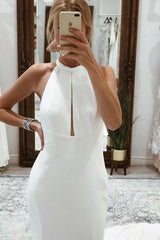 Effortless Simple White Halter Open Back Long Beach Wedding Dress
