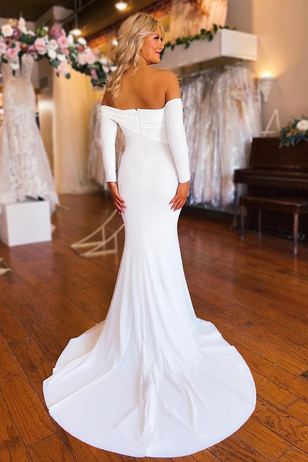 Effortlessly Simple White Boho Mermaid Long Beach Wedding Dress with Sleeves