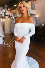 Effortlessly Simple White Boho Mermaid Long Beach Wedding Dress with Sleeves