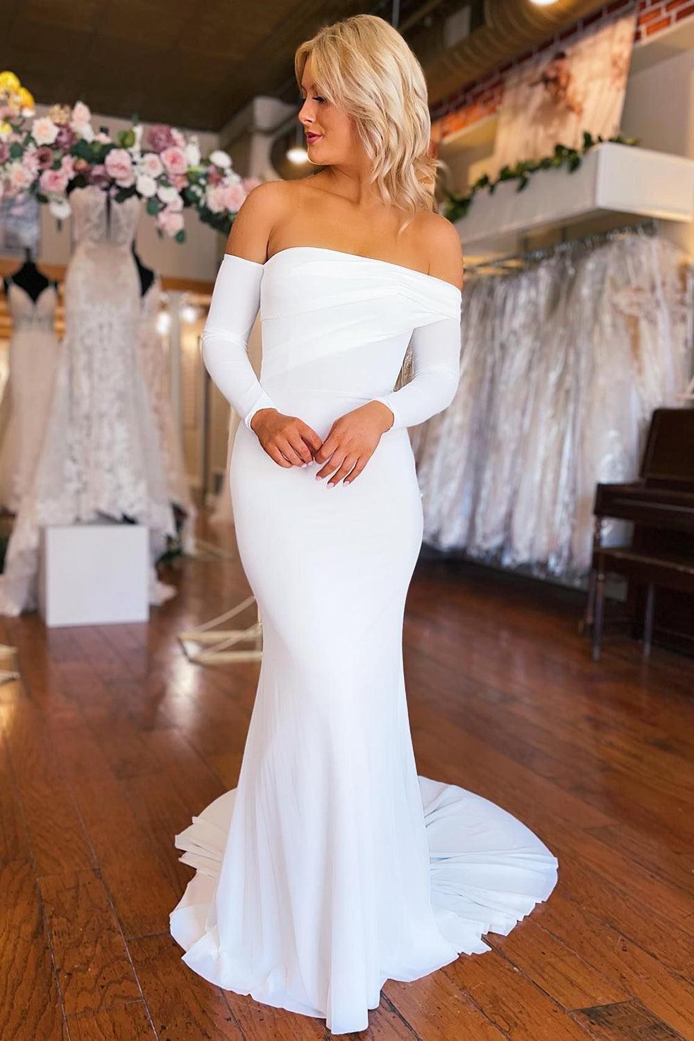 Effortlessly Simple White Boho Mermaid Long Beach Wedding Dress with Sleeves