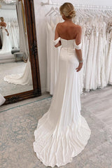 Effortlessly Simple White Long Boho Mermaid Beach Wedding Dress with Slit