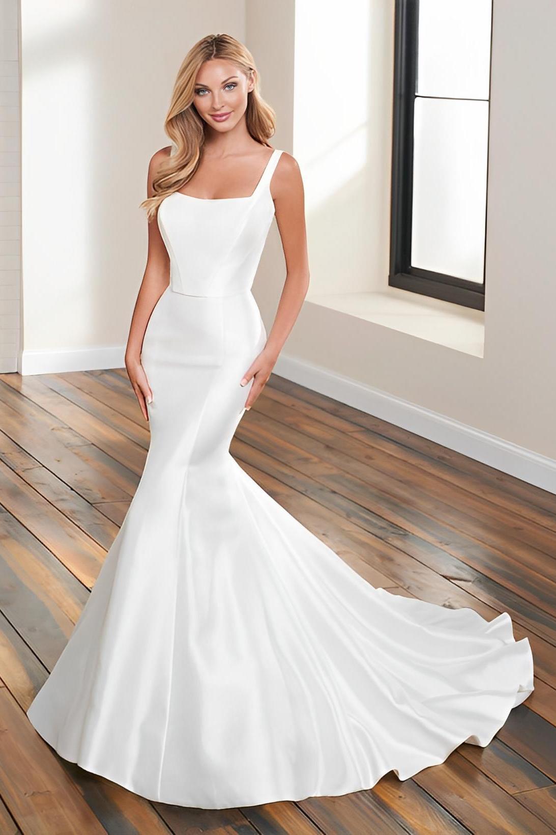 Elastic Satin Mermaid Wedding Dresses With Lace Sleeveless Court Train Square Neckline