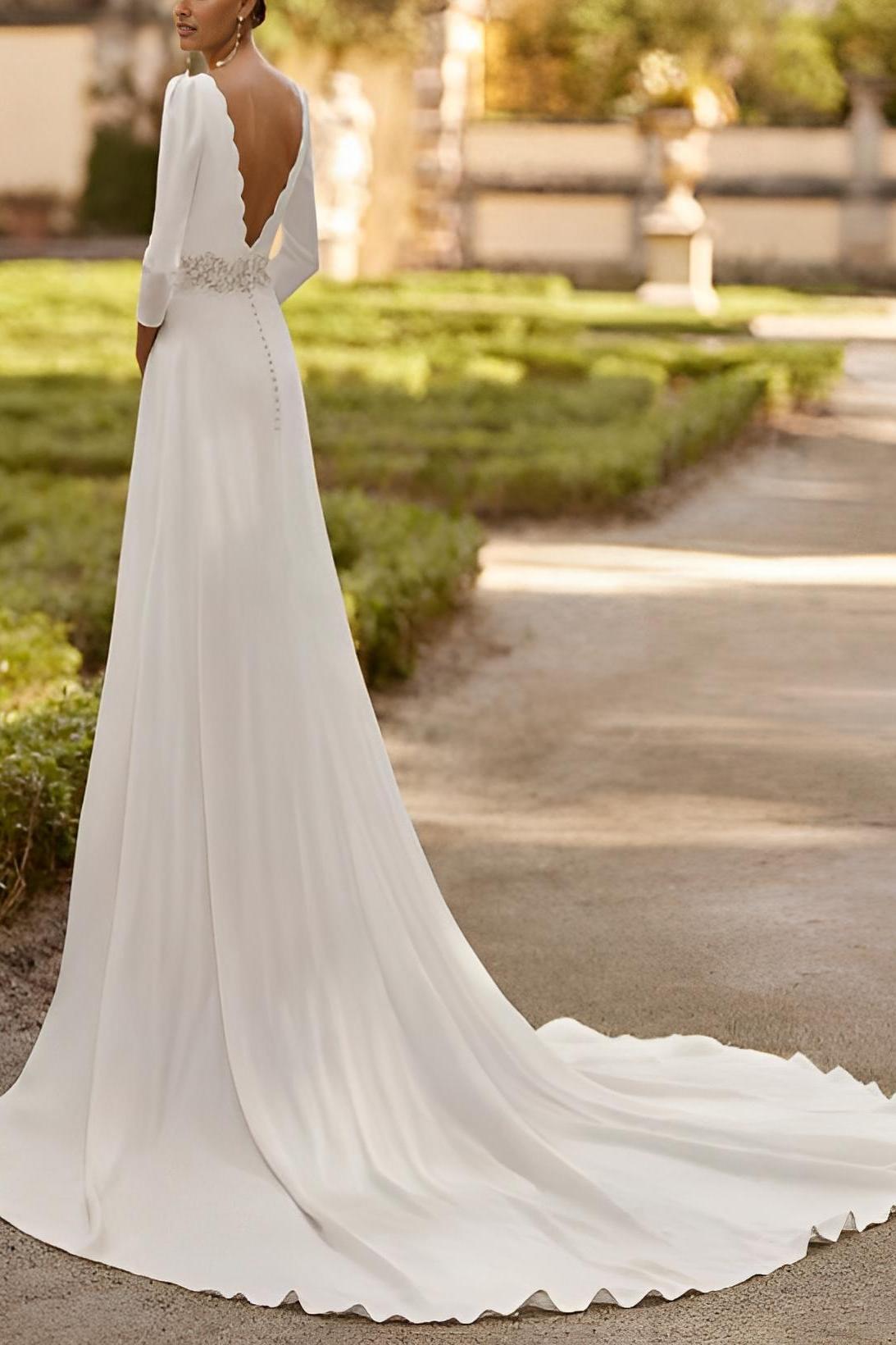 Elastic Satin Wedding Dress with A-Line 3/4 Sleeves and Court Train