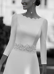 Elastic Satin Wedding Dress with A-Line 3/4 Sleeves and Court Train