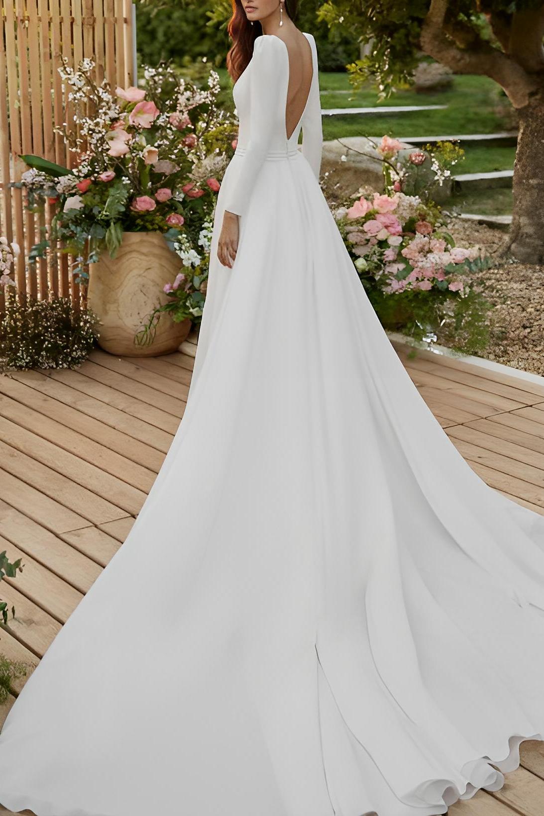 Elastic Satin Wedding Dresses Scoop Neck Long Sleeves Court Train