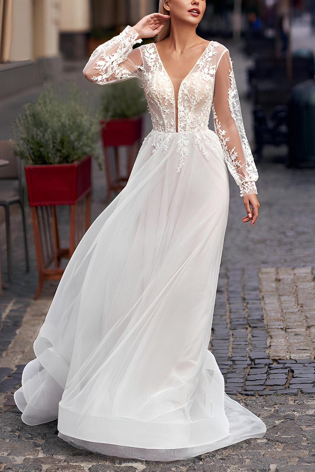 Elegant A-Line Long Sleeves Sweep Train Lace Tulle Beach Wedding Dresses