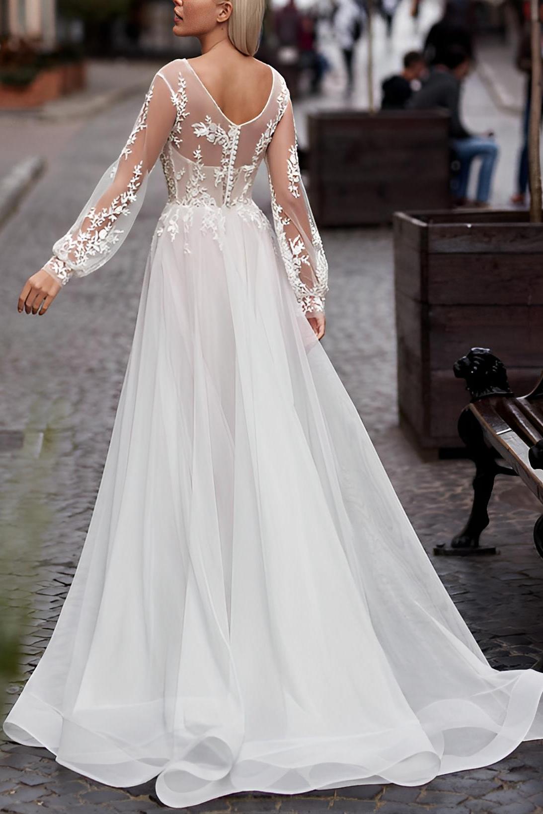 Elegant A-Line Long Sleeves Sweep Train Lace Tulle Wedding Dresses