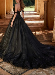 Elegant A Line Off the Shoulder Chapel Train Satin Tulle Wedding Dress with Lace