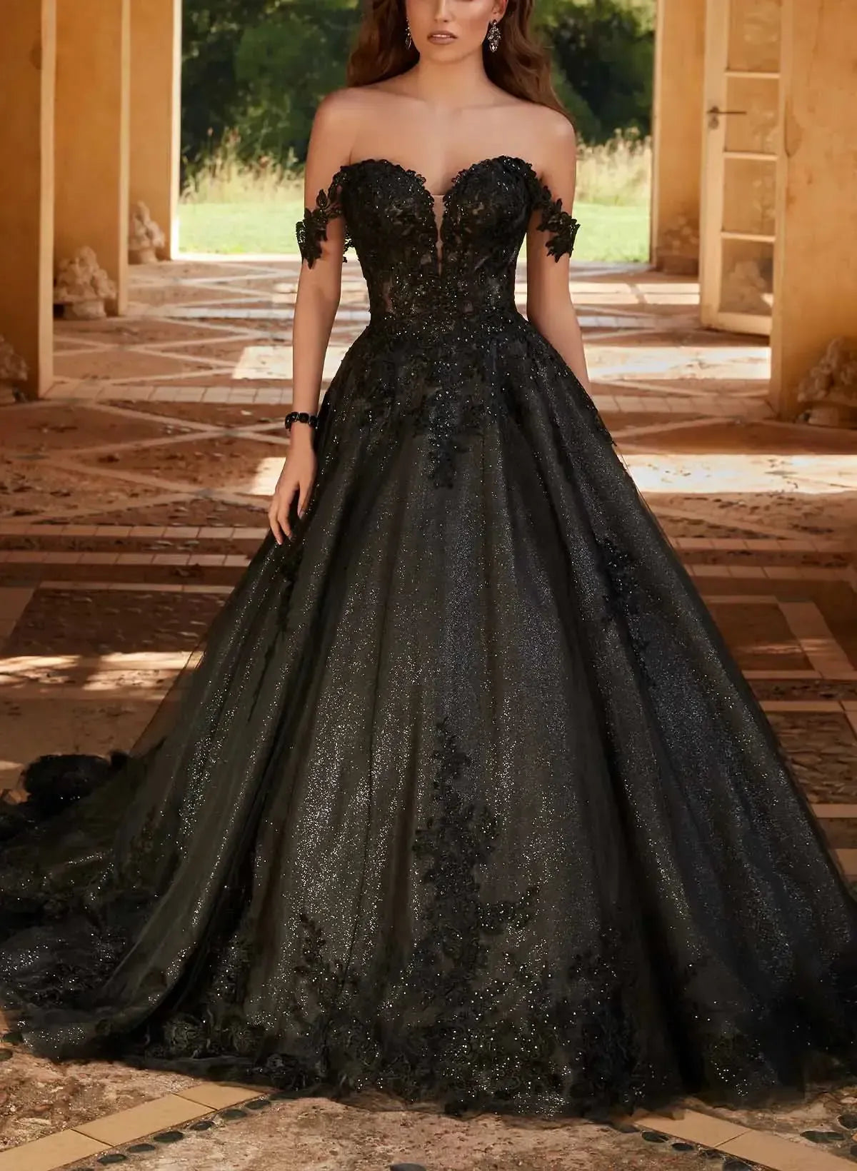 Elegant A Line Off the Shoulder Chapel Train Satin Tulle Wedding Dress with Lace