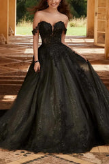 Elegant A Line Off the Shoulder Chapel Train Satin Tulle Wedding Dress with Lace